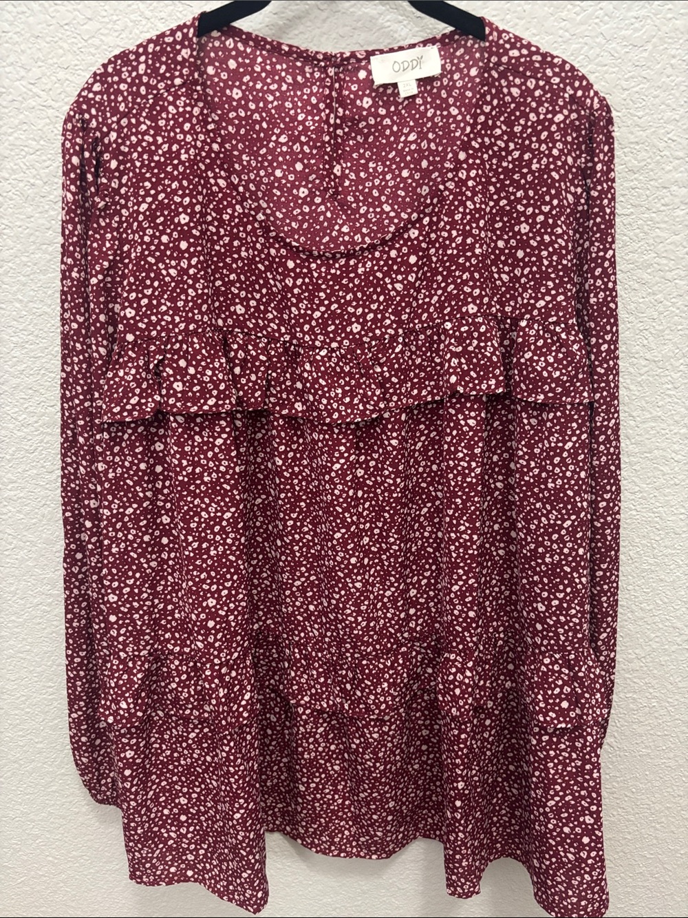 ODDI Burgundy Floral Ruffle Long Sleeve Top